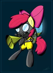 Size: 1606x2202 | Tagged: apple bloom, artist:therandomjoyrider, bloom and gloom, derpibooru import, gas mask, pest control gear, safe, solo, twitbuster apple bloom