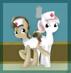 Size: 2539x2616 | Tagged: artist:lilliesinthegarden, clothes, derpibooru import, doctor whooves, followers, hat, hospital, nurse, nurse redheart, nurse turner, safe, time turner, tumblr, uniform