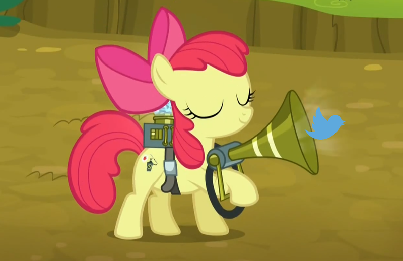 Size: 1094x708 | Tagged: safe, derpibooru import, edit, edited screencap, screencap, apple bloom, earth pony, pony, twittermite, bloom and gloom, eyes closed, female, filly, pest control gear, pun, smiling, solo, twitbuster apple bloom, twitter