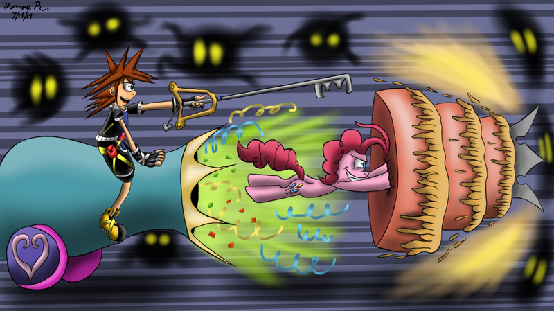 Size: 1600x898 | Tagged: artist:artmagetommy, cake, crossover, derpibooru import, heartless, keyblade, kingdom hearts, party cannon, pinkie pie, safe, sora