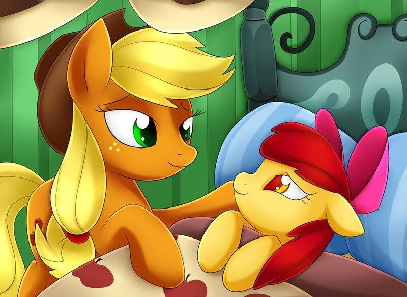 Size: 1024x747 | Tagged: apple bloom, applejack, artist:scarlet-spectrum, bloom and gloom, cute, derpibooru import, duo, safe, scene interpretation, sisters, sweet, sweet dreams fuel