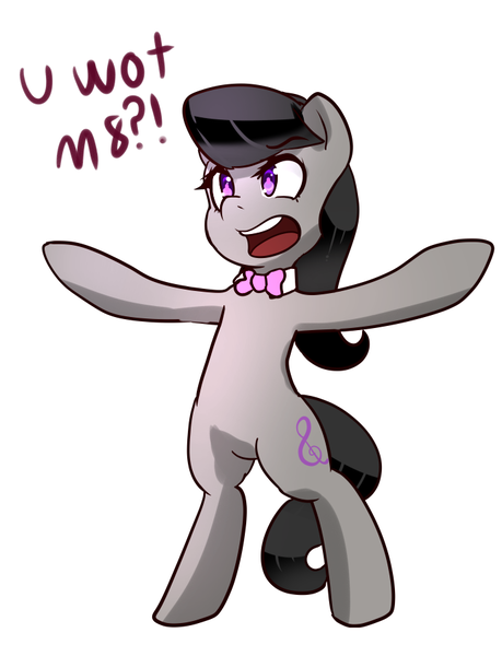 Size: 689x900 | Tagged: safe, artist:acharmingpony, derpibooru import, octavia melody, earth pony, pony, angry, backwards cutie mark, bow, bowtie, cockney, female, mare, octchavia, open mouth, reaction image, simple background, solo, u wot m8, white background