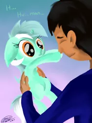 Size: 1024x1365 | Tagged: safe, artist:loreto-arts, derpibooru import, lyra heartstrings, human, pony, chest fluff, cute, filly, filly lyra, fluffy, holding a pony, humie, lyrabetes, origins, younger