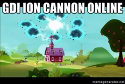 Size: 500x333 | Tagged: bloom and gloom, command and conquer, derpibooru import, global defense initiative, image macro, ion cannon, meme, safe, screencap, sweet apple acres