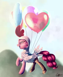 Size: 900x1100 | Tagged: animal costume, artist:mastgrr, balloon, bloom and gloom, chicken pie, chicken suit, clothes, costume, derpibooru import, floating, pinkie pie, pixiv, safe, solo, then watch her balloons lift her up to the sky