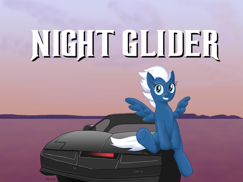 Size: 3179x2381 | Tagged: artist:adenyne, car, derpibooru import, grin, kitt, knight rider, looking at you, night glider, pontiac firebird, pun, safe, sitting, smiling, solo, spread wings, the cutie map, underhoof