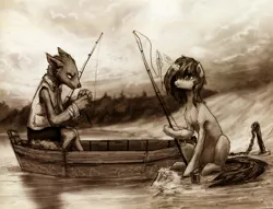 Size: 2361x1805 | Tagged: artist:koviry, boat, derpibooru import, diamond dog, fishing, fishing rod, lake, oc, oc:sandy vain, safe, unofficial characters only, water