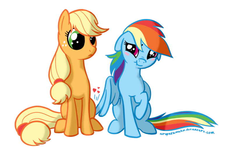 Size: 810x540 | Tagged: safe, artist:arofatamahn, derpibooru import, applejack, rainbow dash, :t, appledash, blushing, butt touch, commission, confused, feathermarking, female, floppy ears, frown, heart, lesbian, never doubt tchernobog's involvement, raised hoof, scrunchy face, shipping, simple background, sitting, smiling, transparent background