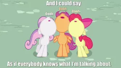 Size: 1280x720 | Tagged: apple bloom, caption, cutie mark crusaders, derpibooru import, lyrics, paul simon, safe, scootaloo, screencap, sweetie belle