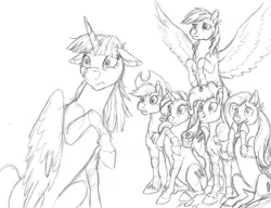 Size: 1280x983 | Tagged: alicorn, applejack, artist:carnivorouscaribou, derpibooru import, equal cutie mark, floppy ears, fluttershy, mane six, monochrome, pinkie pie, rainbow dash, rarity, safe, scene interpretation, shut up twilight, sketch, the cutie map, traditional art, twilight sparkle, twilight sparkle (alicorn)