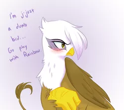 Size: 900x800 | Tagged: safe, artist:adequality, artist:glacierclear, artist:glacierclear edits, derpibooru import, edit, gilda, gryphon, blushing, cute, dialogue, female, folded wings, frown, gildadorable, gildere, image, looking away, looking to side, png, sitting, solo, talking to viewer, text, tsundere, wings
