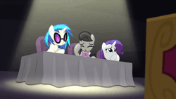 Size: 640x360 | Tagged: animated, bloom and gloom, derpibooru import, facehoof, music judges meme, octavia melody, rarity, safe, score, screencap, vinyl and octavia are not impressed, vinyl scratch