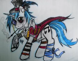 Size: 1005x796 | Tagged: safe, artist:haterthepony, derpibooru import, vinyl scratch, cigarette, cigarette holder, clothes, dress, earring, hat, monocle, piercing, smoking, solo, steampunk