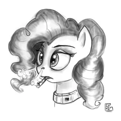 Size: 960x960 | Tagged: artist:gela-g-i-s-gela, cigarette, derpibooru import, grayscale, monochrome, pinkie pie, safe, simple background, smoking, solo, traditional art