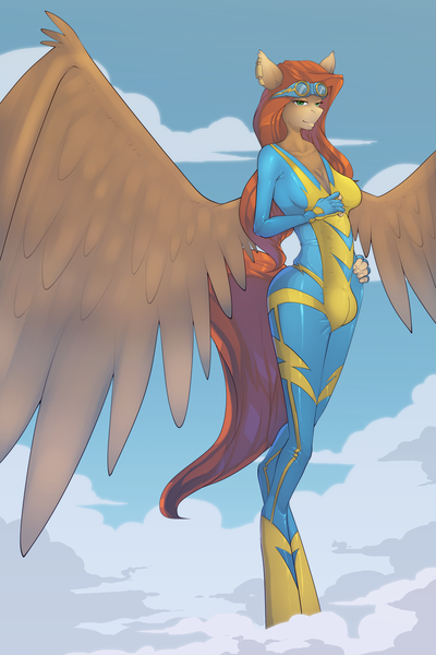 Size: 1000x1500 | Tagged: anthro, artist:bakuhaku, cloud, cloudy, crotch bulge, derpibooru import, flying, futa, goggles, intersex, latex, latex suit, oc, oc:wild spice, questionable, sky, solo, solo futa, spread wings, tight clothing, unguligrade anthro, unofficial characters only, wonderbolts uniform