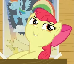 Size: 901x775 | Tagged: safe, derpibooru import, screencap, apple bloom, bloom and gloom, faic, rainbow dash poster, reaction image, solo, trollface