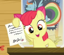 Size: 1019x883 | Tagged: safe, derpibooru import, screencap, apple bloom, bloom and gloom, cutie mark, rainbow dash poster, reaction image, solo