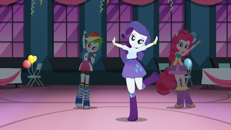 Size: 1366x768 | Tagged: safe, derpibooru import, screencap, pinkie pie, rainbow dash, rarity, equestria girls, 3d, 3d model, abdominal bulge, bad edit, balloon, boots, bracelet, clothes, fall formal outfits, gameloft, hat, high heel boots, jewelry, skirt, top hat