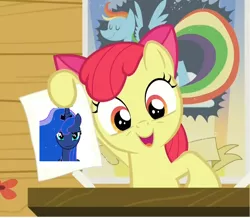 Size: 1020x888 | Tagged: safe, artist:parclytaxel, derpibooru import, edit, edited screencap, screencap, apple bloom, princess luna, earth pony, pony, bloom and gloom, cropped, female, filly, foal, image macro, meme, rainbow dash poster, reaction image, solo