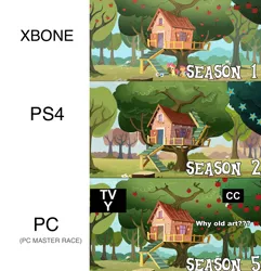 Size: 924x960 | Tagged: clubhouse, comparison, console wars, crusaders clubhouse, derpibooru import, pc master race, playstation 4, safe, screencap, season 1, season 2, season 5, treehouse, xbox one