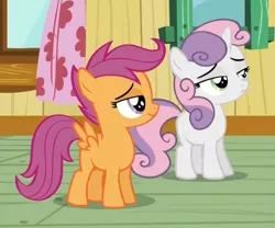 Size: 883x733 | Tagged: safe, derpibooru import, screencap, scootaloo, sweetie belle, pegasus, pony, unicorn, bloom and gloom, cropped, duo, female, filly, foal, lidded eyes, reaction image, unimpressed