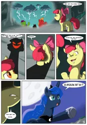 Size: 2400x3429 | Tagged: apple bloom, artist:brainsucks, bloom and gloom, comic, derpibooru import, dialogue, persona, persona 3, princess luna, safe, shadow, shadow bloom