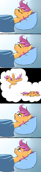 Size: 700x2942 | Tagged: safe, artist:madhotaru, derpibooru import, scootaloo, pegasus, pony, bloom and gloom, bed, comic, crying, dream, eyes closed, feels, female, filly, flying, gritted teeth, sad, scootaloo can't fly, smiling, solo, spread wings, tearjerker