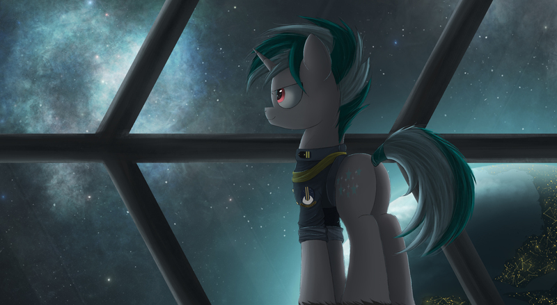 Size: 2900x1593 | Tagged: safe, artist:ncmares, derpibooru import, oc, unofficial characters only, pony, unicorn, clothes, planet, solo, space, stars, uniform