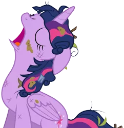 Size: 6768x7000 | Tagged: safe, artist:illumnious, derpibooru import, twilight sparkle, twilight sparkle (alicorn), alicorn, pony, castle sweet castle, absurd resolution, bruised, female, mare, messy mane, mud, simple background, sleeping, solo, transparent background, twigs, vector