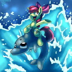 Size: 3000x3000 | Tagged: safe, artist:neoncel, derpibooru import, apple bloom, dolphin, bloom and gloom, derp, derphin, derpy fins, high res, open mouth, riding