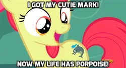 Size: 930x501 | Tagged: apple bloom, bloom and gloom, cutie mark, derphin, derpibooru import, derpy fins, image macro, meme, pun, safe, screencap, solo