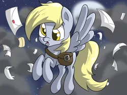 Size: 1024x766 | Tagged: safe, artist:witchtaunter, derpibooru import, derpy hooves, pegasus, pony, female, flying, letter, mailbag, mare, solo