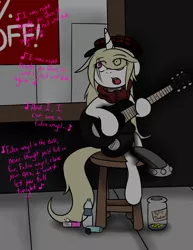 Size: 1280x1659 | Tagged: safe, artist:fullmetalpikmin, derpibooru import, oc, oc:cherry blossom, unofficial characters only, pony, unicorn, congenital amputee, guitar, singing, solo