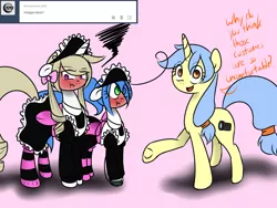 Size: 1280x960 | Tagged: artist:fullmetalpikmin, ask, blushing, clothes, congenital amputee, derpibooru import, maid, oc, oc:cherry blossom, oc:mal, oc:viewing pleasure, safe, socks, striped socks, tumblr:ask viewing pleasure, unofficial characters only