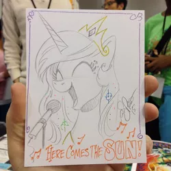 Size: 640x640 | Tagged: andy you magnificent bastard, artist:andypriceart, cute, cutelestia, derpibooru import, here comes the sun, microphone, princess celestia, safe, singing, solo, song reference, the beatles, traditional art