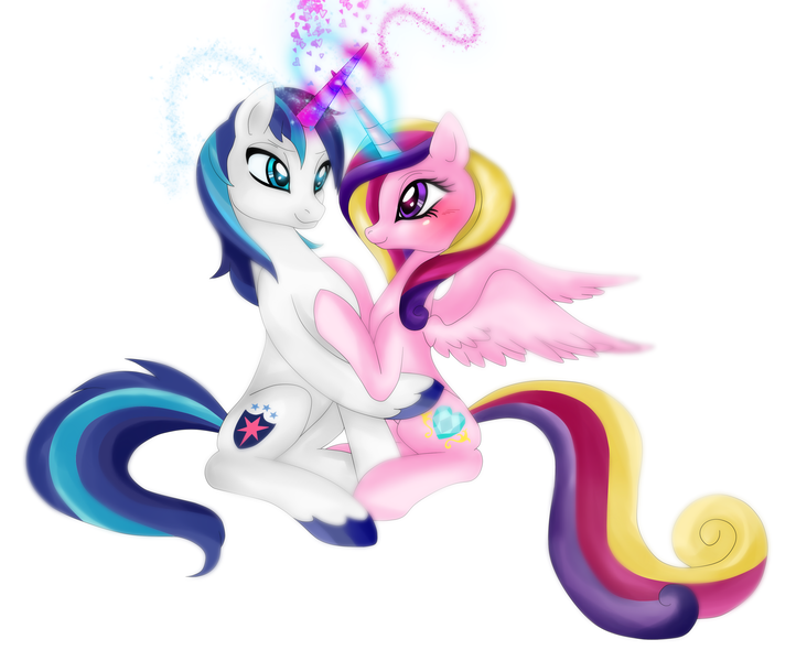 Size: 3337x2737 | Tagged: artist:lunaltaria, derpibooru import, heart, horns are touching, hug, magic, princess cadance, safe, shining armor, simple background, sitting, smiling, spread wings