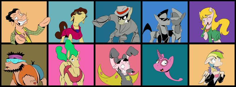 Size: 1681x621 | Tagged: artist:hombre cerdo, artist:slowcoloringfag, carmen sandiego, crossover, derpibooru import, double trouble, eartha brute, kneemoi, patty larceny, robocrook, safe, sarah nade, the contessa, top grunge, vic the slick, wonder rat