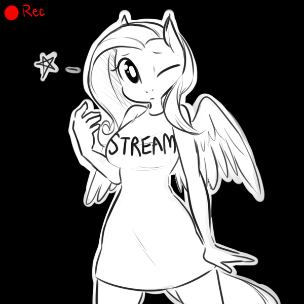 Size: 900x900 | Tagged: anthro, artist:glacierclear, cute, derpibooru import, fluttershy, monochrome, safe, shyabetes, solo, wink