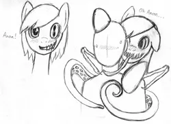 Size: 2369x1724 | Tagged: adoracreepy, artist needed, blushing, creepy, cute, derpibooru import, eldritch abomination, grayscale, monochrome, monstrously cute, oc, oc:anon, oc:thingpone, semi-grimdark, unofficial characters only