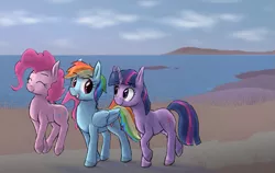 Size: 1145x722 | Tagged: artist:paper-pony, beach, derpibooru import, pinkie pie, rainbow dash, safe, twilight sparkle