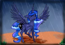 Size: 1500x1050 | Tagged: safe, artist:mysticalsketch, derpibooru import, princess luna, alicorn, pony, cute, dirty, eyes closed, female, floppy ears, fluffy, grass, grin, lunabetes, mare, mud, outdoors, rain, raised hoof, raised leg, smiling, solo, spread wings, wet, wet mane, wings