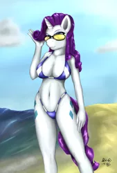 Size: 1378x2039 | Tagged: suggestive, artist:mik3thestrange, derpibooru import, rarity, anthro, unicorn, beach, belly button, bikini, both cutie marks, breasts, busty rarity, cleavage, clothes, female, solo, sunglasses, swimsuit