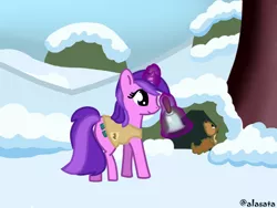 Size: 1024x768 | Tagged: safe, artist:alasata, derpibooru import, amethyst star, pony, squirrel, unicorn, winter wrap up, animal, animal team, bell, burrow, clothes, female, magic, mare, snow, solo, telekinesis, unamused, vest, winter wrap up vest