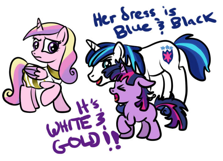 Size: 712x512 | Tagged: artist:kuromi, derpibooru import, female, filly, filly twilight sparkle, meme, princess cadance, safe, shining armor, teen princess cadance, teen shining armor, twilight sparkle, we never had one single fight, white and gold or black and blue dress meme, younger