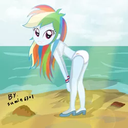 Size: 2250x2250 | Tagged: suggestive, artist:sumin6301, derpibooru import, rainbow dash, equestria girls, ass, beach, bikini, breasts, clothes, female, gritted teeth, high heels, looking at you, looking back, looking back at you, rainbutt dash, smiling, solo, solo female, swimsuit, wristband