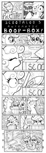 Size: 1000x3282 | Tagged: apple bloom, artist:abronyaccount, comic, cutie mark crusaders, derpibooru import, drawing board, lineart, machine, monochrome, safe, scootaloo, sweetie belle