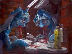 Size: 3745x2781 | Tagged: artist:quiet-victories, bathroom, bleeding, blood, derpibooru import, faucet, gouache, grimdark, interior, minuette, mirror, sink, solo, traditional art