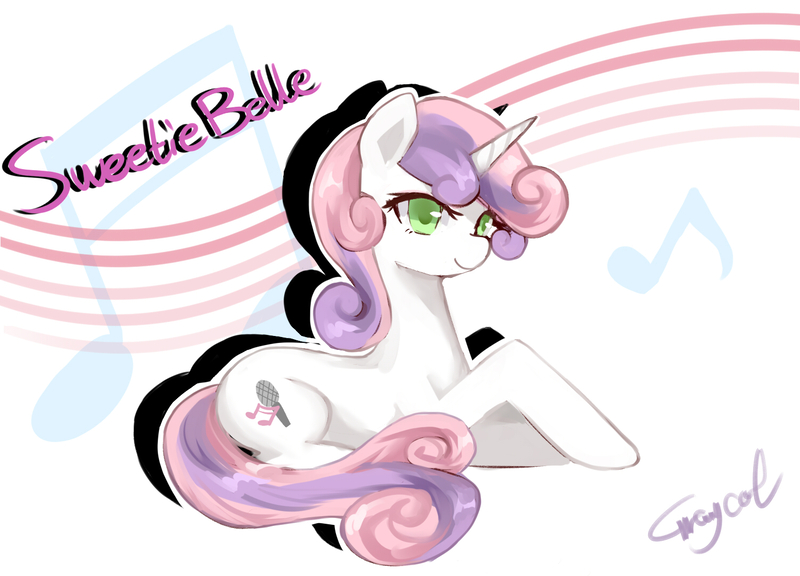 Size: 1500x1080 | Tagged: safe, artist:r-1629, derpibooru import, sweetie belle, pony, unicorn, alternate cutie mark, cute, diasweetes, female, mare, music notes, older, older sweetie belle, pixiv, prone, solo