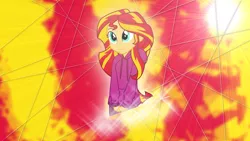 Size: 1920x1080 | Tagged: safe, artist:germanmcpictures, artist:yanoda, derpibooru import, sunset shimmer, equestria girls, rainbow rocks, clothes, hoodie, lens flare, pajamas, shy, solo, sun, sunshine shimmer, vector, wallpaper