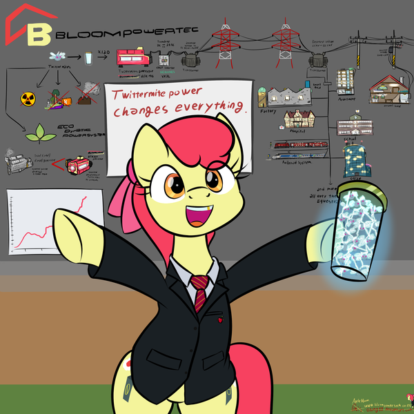 Size: 3000x3000 | Tagged: safe, artist:orang111, derpibooru import, apple bloom, pony, twittermite, bloom and gloom, badge, bipedal, boss, business, business suit, ceo, company, company logo, corporation, electricity, engine, engineering, gold tooth, graph paper, inventor, power line, siemens, train